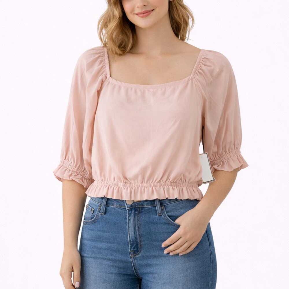 1. State Blush Pink Cropped Puff Sleeve Ruffle Top XS NWT Square Neck $79 Retail